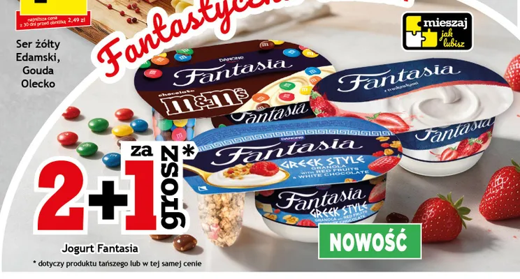 Jogurt Fantasia Danone z drażetkami M&M's promocja w Gram Market