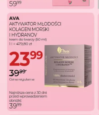 Krem do twarzy Ava Aktywator Młodości Kolagen Morski i Hydranov promocja w Drogerie Jawa