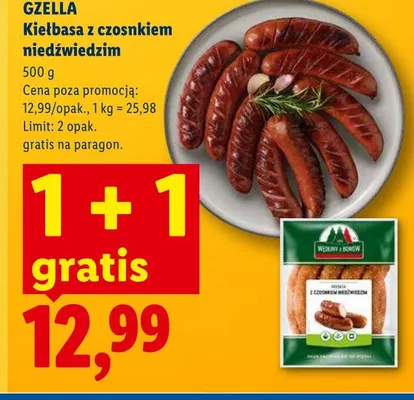 Kiełbasa z czosnkiem niedźwiedzim GZELLA promocja w Lidl