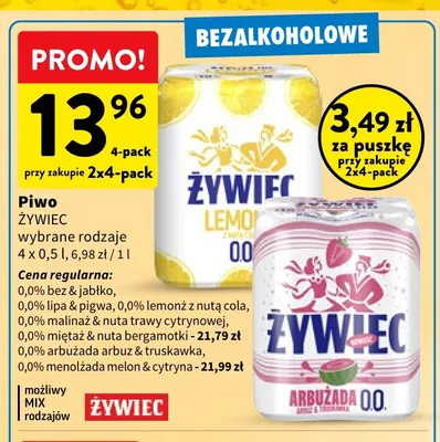 Piwo bezalkoholowe Żywiec menolżada melon & cytryna 4-pak 500 ml promocja w Intermarche