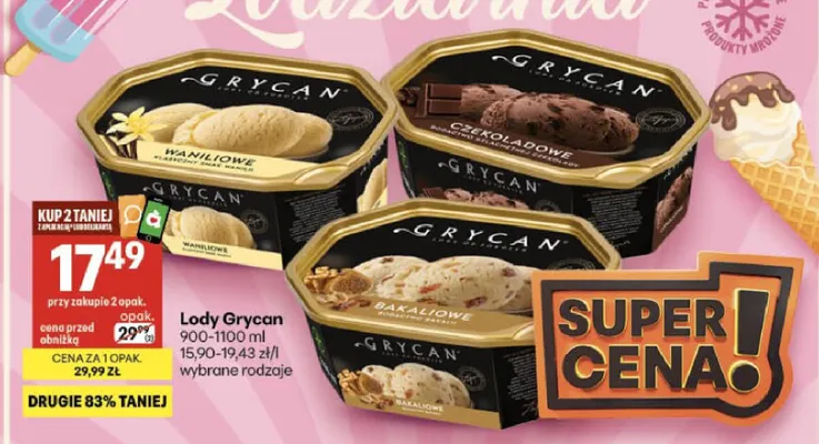 Lody bakaliowe Grycan promocja w Delikatesy Centrum