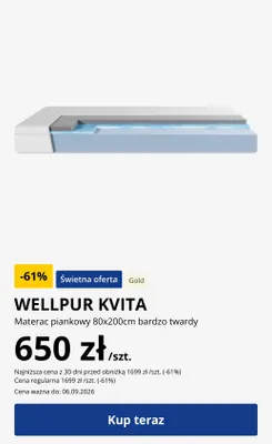 Materac piankowy Wellpur Kvita bardzo twardy promocja w Jysk