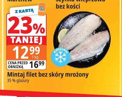 Mintaj filet bez skóry mrożony 35% glazury promocja w Leclerc