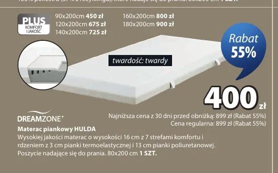 Materac piankowy DREAMZONE HULDA promocja w Jysk