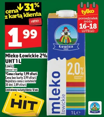Mleko Łowickie 2% UHT 1 l promocja w TOPAZ