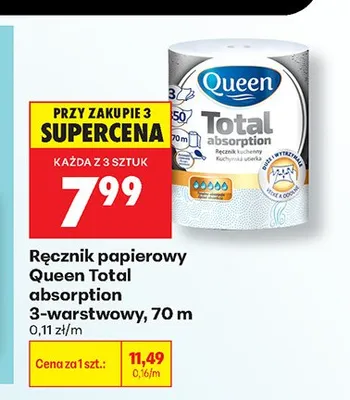 Ręcznik papierowy Queen Total absorption 3-warstwowy promocja w Biedronka