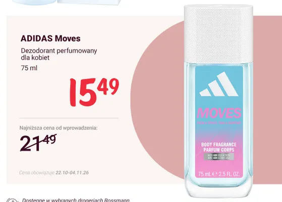 Dezodorant perfumowany dla kobiet Moves Adidas promocja w Rossmann