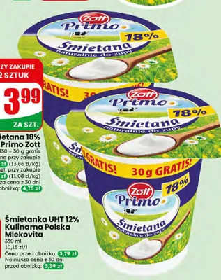 Śmietana 18% Primo Zott promocja w Dino