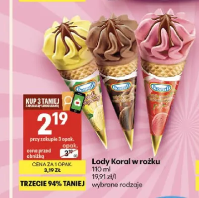 Lody Koral w rożku promocja w Delikatesy Centrum