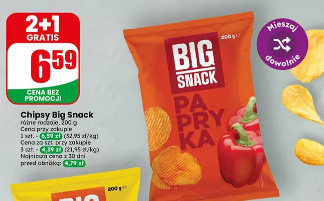 Chipsy Big Snack różne rodzaje 200g promocja w Dino