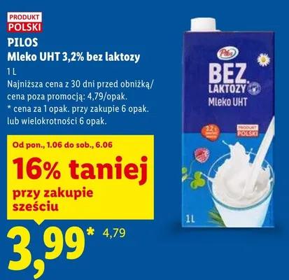 Mleko UHT 3,2% bez laktozy Pilos promocja w Lidl