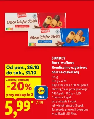 Rurki waflowe Rondissimo częściowo oblane mleczną czekoladą Sondey promocja w Lidl