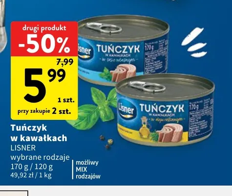 Tuńczyk w kawałkach w oleju roślinnym Lisner promocja w Intermarche
