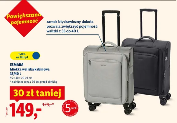 Miękka walizka kabinowa 35/40L promocja w Lidl
