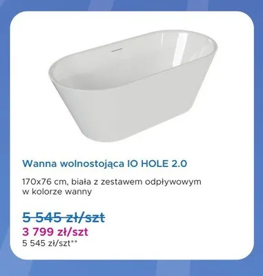 Wanna wolnostojąca IO HOLE 2,0 170x76 cm promocja w Blu Salony Łazienek