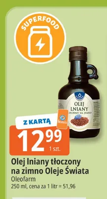 Olej lniany tłoczony na zimno Oleje Świata Oleofarm promocja w Leclerc