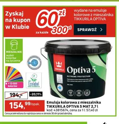 Emulsja kolorowa z mieszalnika Tikkurila Optiva 5 Mat promocja w Leroy Merlin