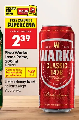 Piwo Warka Jasne Pełne promocja w Biedronka