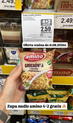 Zupa nudle Amino Grochówka z boczkiem i majerankiem promocja w Dino