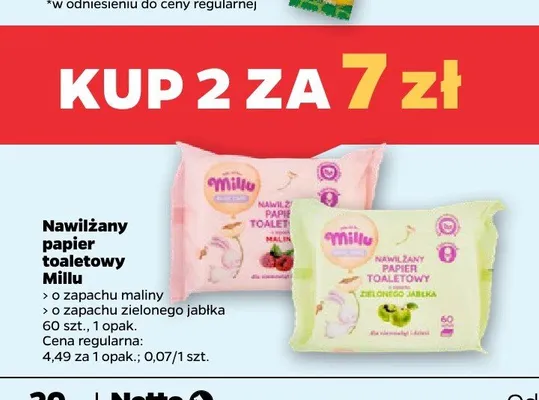 Nawilżany papier toaletowy o zapachu maliny Millu promocja w Netto