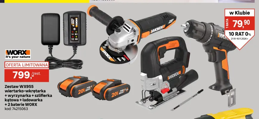 Zestaw WX955 wiertarko-wkrętarka + wyrzynarka + szlifierka kątowa + ładowarka + 2 baterie Worx promocja w Leroy Merlin