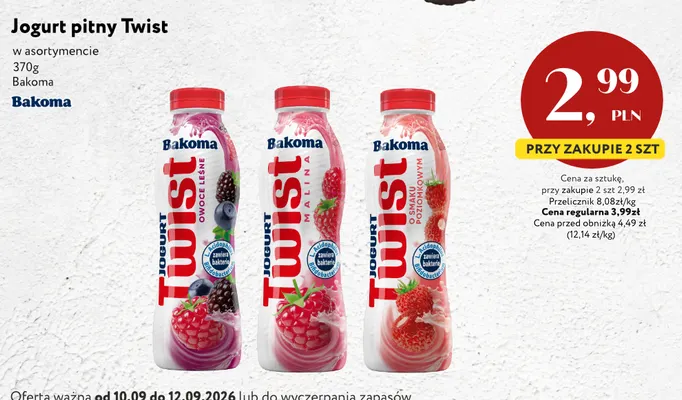 Jogurt pitny Twist owoce leśne Bakoma promocja w Market Point