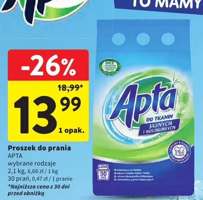 Proszek do prania Apta do tkanin jasnych i kolorowych promocja w Intermarche