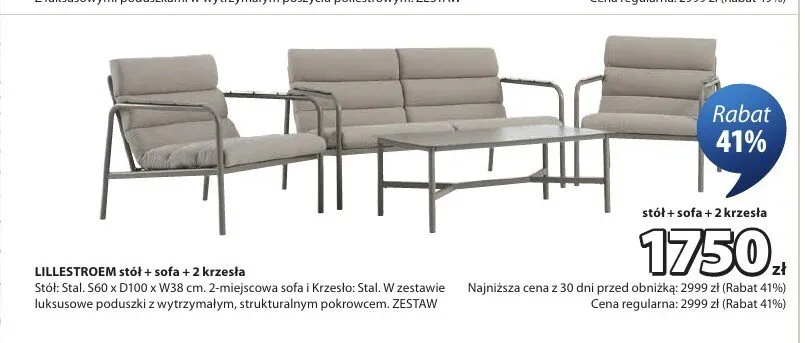 Zestaw LILLESTROEM stół + sofa + 2 krzesła S60xD100xW38cm promocja w Jysk