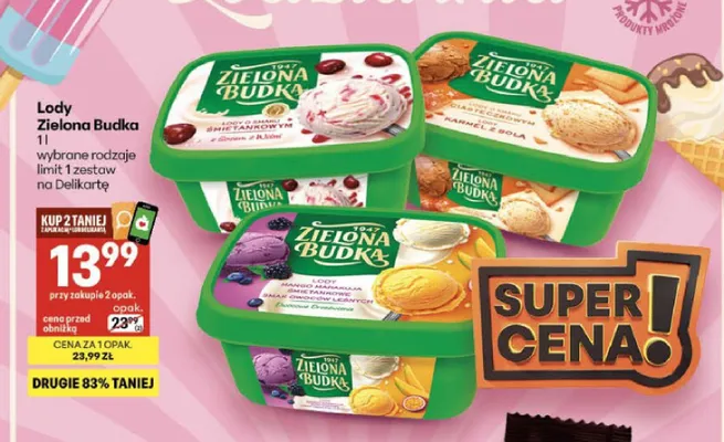 Lody śmietankowe z sosem z wiśni Zielona Budka promocja w Delikatesy Centrum