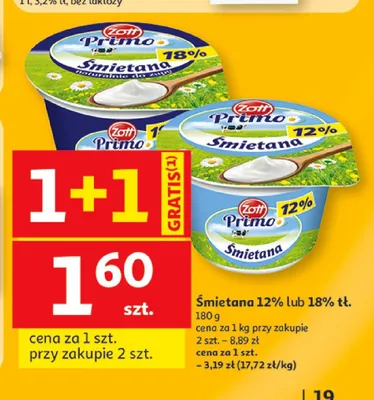 Śmietana 12% Zott Primo promocja w Auchan