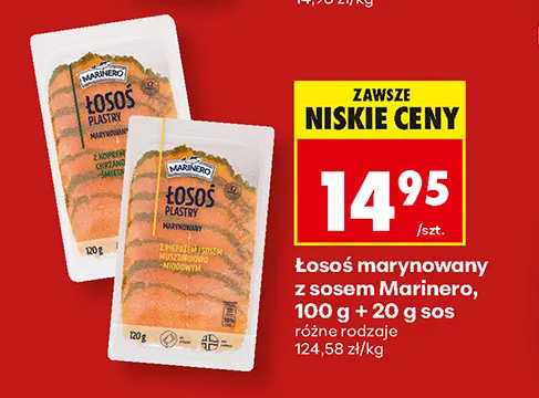 Łosoś marynowany plastry z pieprzem i sosem musztardowo-miodowym Marinero promocja w Biedronka