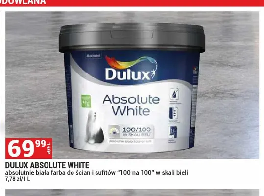 Farba do ścian i sufitów Dulux Absolute White promocja w Merkury Market
