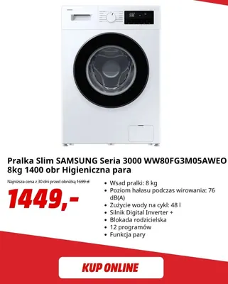 Pralka slim Samsung Seria 3000 WW80FG3M05AWEO 8 kg 1400 obr Higieniczna para promocja w Media Markt