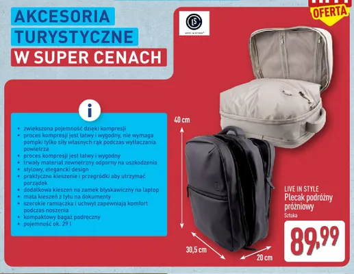 Plecak podróżny próżniowy Live in Style promocja w Aldi