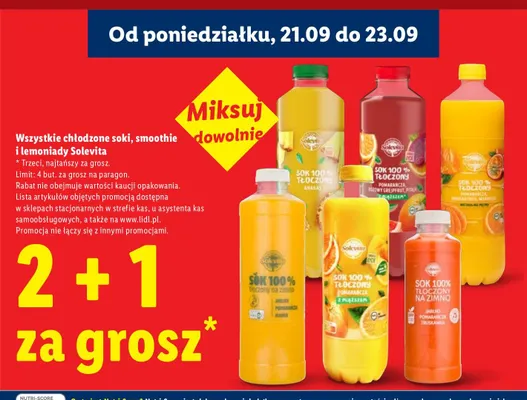 Sok tłoczony pomarańcza z miąższem Solevita 100% promocja w Lidl
