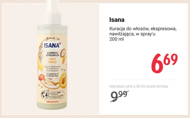 Kuracja do włosów ekspresowa nawilżająca w spray'u Isana promocja w Rossmann