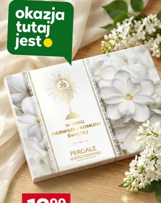 Bombonierka mleczna Pergale W dniu Pierwszej Komunii Świętej promocja w Stokrotka