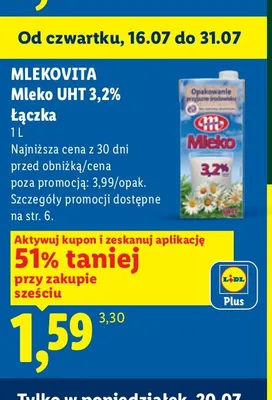 Mleko UHT 3,2% Łączka Mlekovita promocja w Lidl