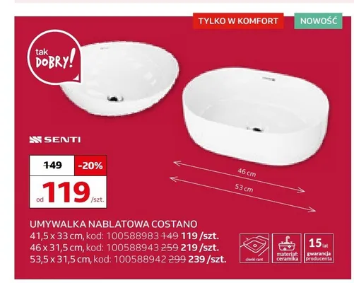 Umywalka nablatowa Senti Costano 41,5x33 cm promocja w Komfort