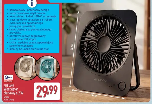 Wentylator biurkowy AMBIANO 4,2W promocja w Aldi