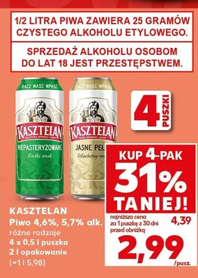 Piwo Kasztelan Jasne Pełne 4-pak 500 ml promocja w Kaufland