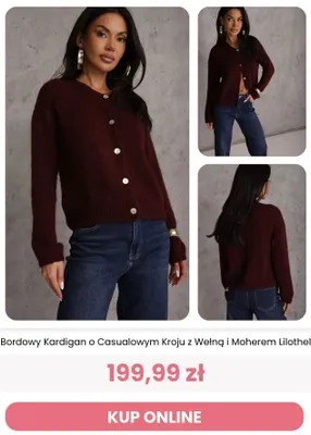 Bordowy kardigan o casualowym kroju z wełną i moherem Lilothel Renee promocja w Renee