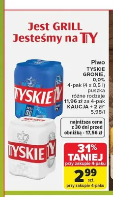Piwo bezalkoholowe Tyskie Zero 4-pak promocja w Carrefour Market