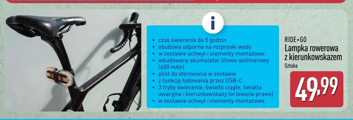 Lampka rowerowa z kierunkowskazem Ride+Go promocja w Aldi