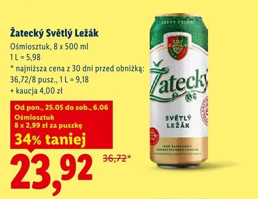 Piwo Žatecký Světlý Ležák 8-pak 500ml promocja w Lidl