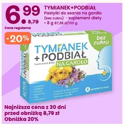 Pastyki do ssania na gardło (bez cukru), suplement diety Tymianek+Podbiał promocja w Frisco