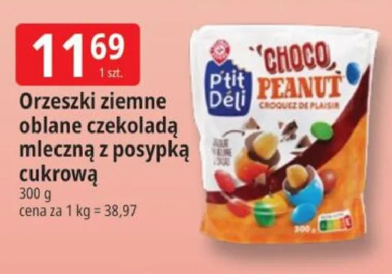 Orzeszki ziemne oblane czekoladą mleczną z posypką cukrową P'tit Déli promocja w Leclerc