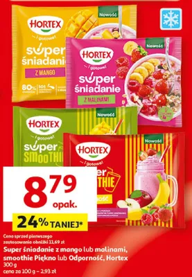 Super śniadanie z mango lub malinami, smoothie Piękno lub Odporność, Hortex promocja w Auchan