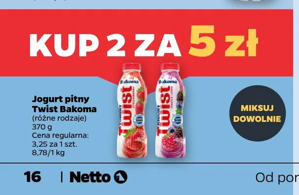 Jogurt pitny Twist truskawkowy Bakoma promocja w Netto