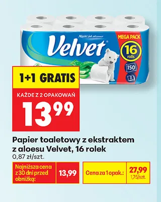 Papier toaletowy z ekstraktem z aloesu Velvet 16-pak promocja w Biedronka